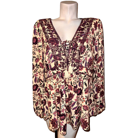 TORRID Top Sz M/L (00) Yellow Pink Floral Sand Embroidered Lace LS Blouse Shirt - Picture 1 of 8
